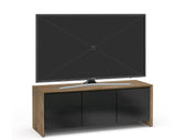 Triple-Width Natural Walnut AV Media Cabinet with TV and smoked glass doors