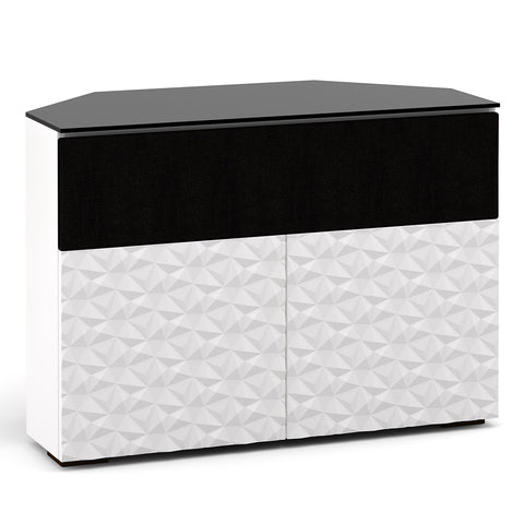 Salamander Designs Chameleon Collection Milan 329 Twin Speaker Integrated Corner Cabinet (Geometric White with Black Glass Top)