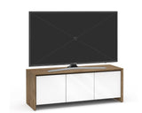 Triple-Width Natural Walnut AV Media Cabinet with TV and white glass doors