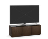 Three-door wide home theater tv console brown wood glass top